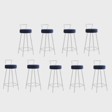 Imagem de Kit 09 Banqueta Alta Com Encosto Tais Eiffel Cozinha Bar Bistrô Ferro Branco Sintético Azul Marinho - Ahz Móveis