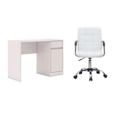 Imagem de Conjunto de Mesa Morada 1 pt 1 gv com Cadeira de Escritório Secretária Giratória Fitz Branca