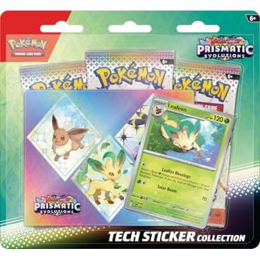 Imagem de Pokémon TCG: Scarlet & Violet—Prismatic Evolutions Tech Sticker Collection – Leafeon (1 cartão promocional de alumínio e 3 pacotes booster)