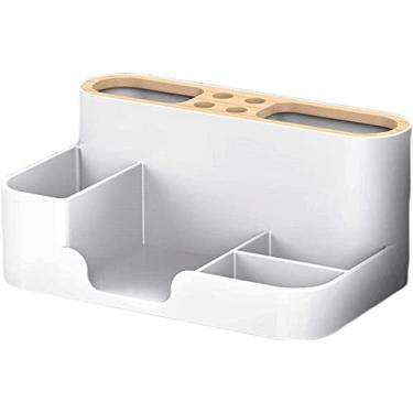 Imagem de Porta-lápis de mesa multifuncional, suporte de pincel de maquiagem de grande capacidade, suporte criativo de armazenamento de canetas para escritório, sala de aula, artigos de papelaria (branco)
