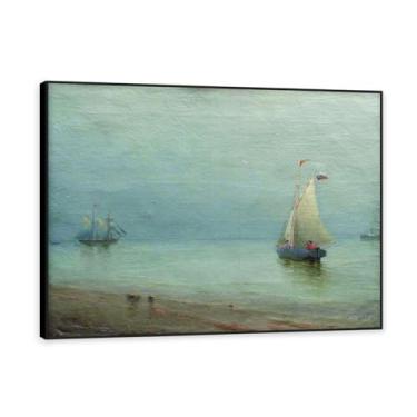 Imagem de Moldura preta. Impressões de Lev Lagorio. Pintura de arte de parede de paisagem marítima. Pôster de reproduções de impressões em tela de paisagem para decoração de casa. (veleiro no porto). 70 x 90 cm