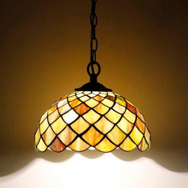Imagem de AVIVADIRECT Luminária Pendente Tiffany Com Encaixe Em Vidro Colorido, 25 Cm De Largura, Corrente De 84 Cm, Cabo De 4,5 M (Escamas De Peixe Marrom)