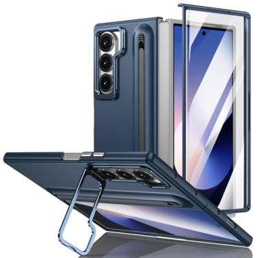 Imagem de POYUFRG Capa para Samsung Galaxy Z Fold 6, capa de telefone fosca de proteção completa com suporte para S-Pen e capa de suporte de lente de metal, azul, Z Fold 6