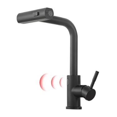 Imagem de GIMILI Torneira de cozinha preta fosca sem toque com pulverizador de puxar para baixo, torneiras de pia de cozinha com alça de orifício único de 38 cm de altura