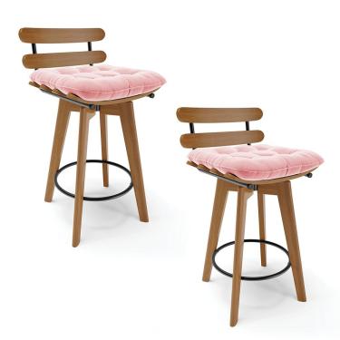 Imagem de Kit 02 Banquetas Giratória Suede Base Madeira Rosa Bebê