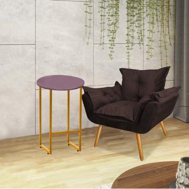 Imagem de Kit Poltrona Opala Com Mesa Will Ferro Dourado Tampo Redondo Rose Suede Marrom - Amey Decor