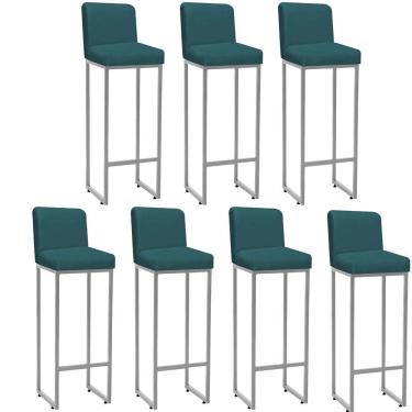 Imagem de Kit 07 Banqueta Alta Com Encosto Lucca Industrial Ferro Prata Sintético Azul Turquesa - Amey Decor