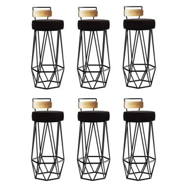 Imagem de Kit 06 Banqueta Com Encosto Botty Hexágono Cozinha Peroba Rosa Ferro Preto Suede Marrom - Amey Decor