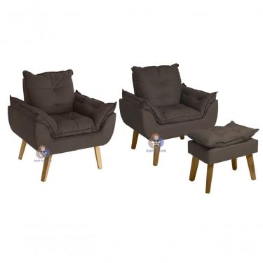 Imagem de Kit 02 Poltrona Decorativa E Puff Opala Marrom Com Fibra De Silicone E Pés Quadrado