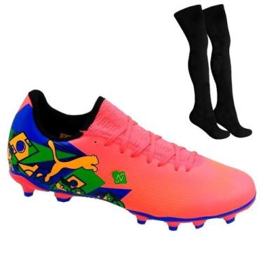 Imagem de Kit Chuteira Campo Puma Future 7 Play Neymar Jr + Meião, Rosa, 42