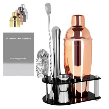 Imagem de KCJLHGT Kit De Coqueteleira E Barman: Conjunto 5 Utensílios Bar, Com Suporte, Misturador Bebidas, Inclui Para Martini, Coador, Dosador, Colher Misturar Socador (Ouro Rosa, 750 Ml (25 Oz))