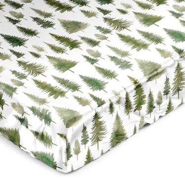 Imagem de Sweet Jojo Designs Lençol de cetim unissex de cetim verde sálvia floresta, temática de floresta, natureza, pinheiro, árvores, aquarela, árvores, árvores, bosque