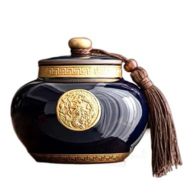 Imagem de Lata de chá Recipientes de armazenamento de chá de cerâmica estilo chinês vintage com padrão dourado e decoração de borla, frasco de chá folhas de chá selando lata de armazenamento para chocolate, açú