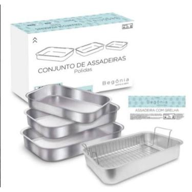 Imagem de Conjunto 4 Assadeiras Alumínio Polido Com 1 Grelha Begônia