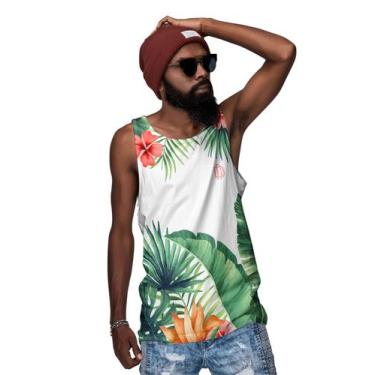 Imagem de Camiseta Regata Havaiana Folhas e Flores Vermelhas - Di Nuevo, Branco,