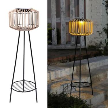 Imagem de Candeeiro de chão de vime solar ao ar livre com suportes de plantas, suporte de plantas para decoração de pátio externo para jardim, varanda, quintal, caminho, garagem, varanda