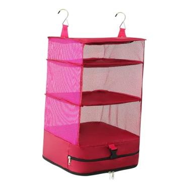 Imagem de YWJLQH Prateleira de Armazenamento Suspensa 3 Prateleiras para Roupas, Bolsa de Armazenamento, Armário Suspenso para Roupas de Apartamento, Rosa vermelha