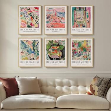 Imagem de Arte de parede emoldurada Matisse para sala de estar, 6 peças de arte abstrata colorida em tela para paredes, Henri Matisse Vintage Boho paisagem imagens para quarto, sala de jantar, corredor