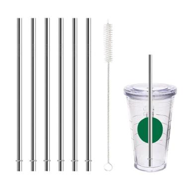 Imagem de Canudos de substituição de aço inoxidável para copo frio Starbucks 473 g, 6 peças de canudo de metal reutilizável reto com escova de limpeza, 20 cm x 0,8 cm compatível com copos de vidro Mason Jar