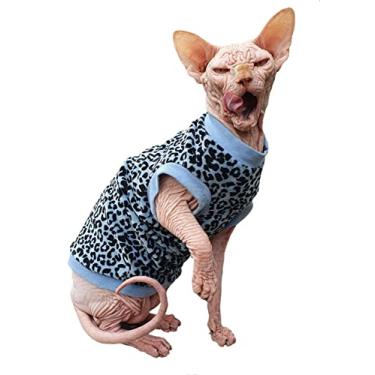 Imagem de Kotomoda Camiseta elástica de algodão Hairless Cat azul leopardo veludo orgânico para gato Sphynx (médio)