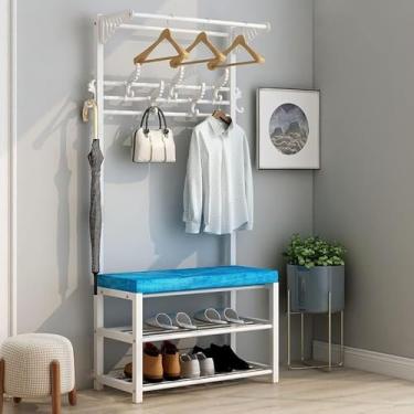 Imagem de Cabide De Metal Com Banco De Sapatos, Cabide Com Sapateira De 2 Camadas E 10 Ganchos, Árvore De Entrada 3 Em 1 Com Assento E Estrutura De Aço Para Entrada Salas De Estar Corredor, A, 80x33x175cm
