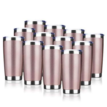 Imagem de EcoMozz Copo de 590 ml de aço inoxidável isolado a vácuo com tampa caneca de viagem de parede dupla copo de café revestido com pó, adequado para bebidas geladas e bebidas quentes (ouro rosa pacote com