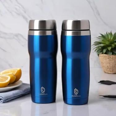 Imagem de Copo Térmico Parede Dupla em Aço Inox Azul 500ml com Tampa Flip - Estilo Premium