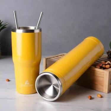 Imagem de Caneca Térmica Parede Dupla em Aço Inox Laranja 850ml com Canudo - Estilo Premium