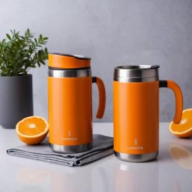 Imagem de Caneca Térmica Parede Dupla em Aço Inox Laranja 700ml com Tampa Rosqueável - Estilo Minimalista