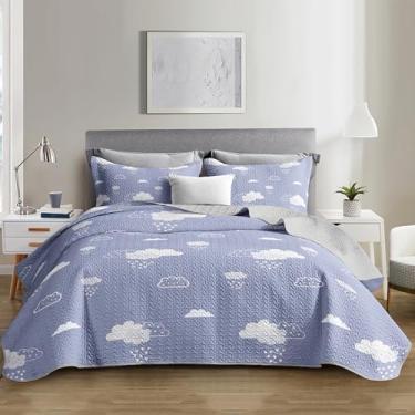 Imagem de QOOMO Conjunto de cama infantil céu azul, estampa de nuvem, para decoração de quarto de meninos, meninas, adolescentes, preto, macio, leve, todas as estações, tamanho casal/queen, 1 conjunto de colcha