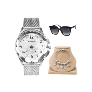Imagem de Kit Relógio Feminino Prata Maria + Pulseira Estilo Pandora + Óculos de Sol – Presente Elegante com Caixa Premium