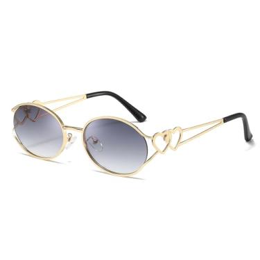 Imagem de SODQW Óculos de sol retrô ovais femininos modernos com armação de metal redonda com detalhes de coração, proteção UV, A04- Ouro/2 cinza, M