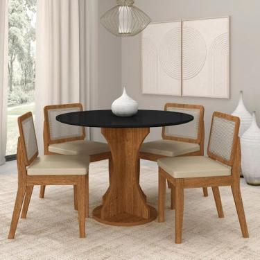 Imagem de Mesa Redonda Andria 4 Cadeiras Sextavadas Freijó/pto/corino Bege - M.a Freijó/preto/corino Bege