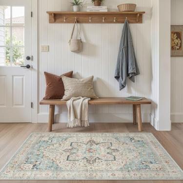 Imagem de Tortania Tapete de área para sala de estar – Tapete lavável vintage oriental envelhecido casa de fazenda pequeno fino para sala de estar quarto embaixo da mesa de jantar escritório em casa - Aqua