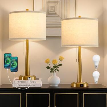 Imagem de GyroVu Candeeiros de mesa de 55 cm, lâmpadas de cabeceira com portas USB e C, luminária de mesa de cabeceira com corrente de puxar, conjunto de 2 lâmpadas douradas para sala de estar, quarto e