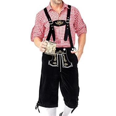 Imagem de Jdlsppl Conjunto de fantasia masculina Oktoberfest 2 peças de camisa xadrez bávara alemã Lederhosen conjunto de shorts roupas de Halloween, Fantasia da Octoberfest, 2 peças, vermelho1, GG