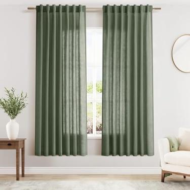 Imagem de Cortinas de linho verde-oliva de 177 cm de comprimento, conjunto de 2 painéis, bolso traseiro, semitransparente, filtro de luz, cortina curta, estilo farmhosue, janela de sacada, para sala de estar