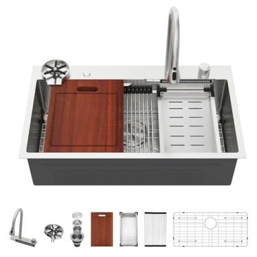 Imagem de Sarlai Pia de cozinha Waterfall - Pia de estação de trabalho de 83 cm com cascata de aço inoxidável calibre 16 multifuncional tigela única pia de cozinha inteligente montagem superior com chaves