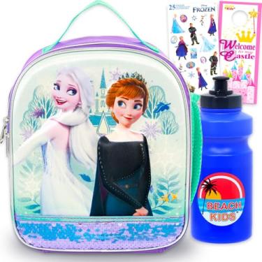 Imagem de Disney Conjunto de lancheira Frozen para meninas – Pacote com lancheira Anna e Elsa, além de adesivos, garrafa de água, mais | Material escolar Frozen para crianças