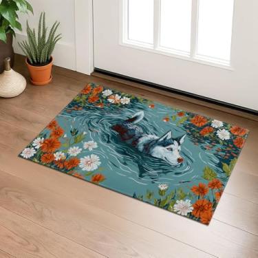 Imagem de Husky Dog Tapete de porta interna com cena de lago floral, bem-vindo, tapete não tecido, tapete antiderrapante para porta da frente, varanda, banheiro, cozinha, decoração de casa, presentes