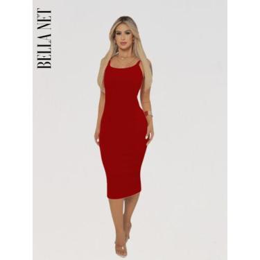 Imagem de Vestido Midi Tubinho Colado com Alças Finas sem Bojo Elegante Moda Gri