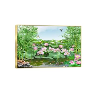 Imagem de BMZFYBS Impressão em tela de paisagem - Lago Lótus - Pintura de arte de parede da natureza - Pôster decorativo com moldura dourada para sala de estar moderna 50 x 75 cm 20 x 30 pol