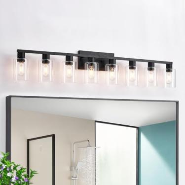 Imagem de Luminária de banheiro com 8 luzes, luzes pretas de banheiro de fazenda sobre espelho com sombra de vidro transparente resistente, 8 lâmpadas grandes para banheiro, quarto, sala de estar, arandela