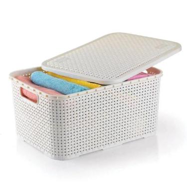 Imagem de Cesto Organizadora Multiuso Rattan Médio Com Tampa Branco - Nitron