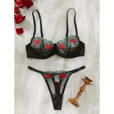 Imagem de Conjunto De Sutiã Com Aro E Bordado Floral Em Tule, Lingerie Transpare