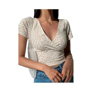 Imagem de Camiseta Feminina Slim Fit Floral - Decote V, Manga Curta e Cintura Al