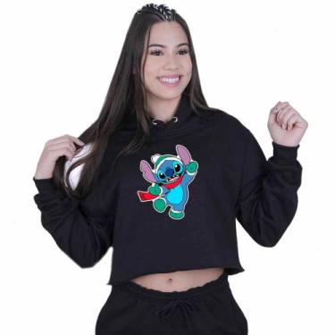 Imagem de Cropped Moletom Feminino Lilo Stitch Duende Natal - Lafre, Preto, G