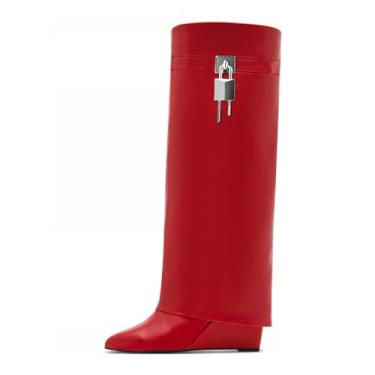 Imagem de ZJGZF Botas femininas dobráveis, cano alto, preta, bico fino, salto cunha, panturrilha, couro sintético, tubarão, com cadeado, Vermelho, 36