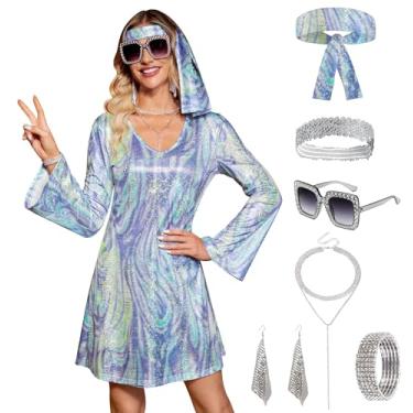 Imagem de Clarisbelle Vestido feminino de Halloween, 7 peças, discoteca, lantejoulas, dança dos anos 70, roupa de fantasia com óculos de sol e faixa de cabeça, Azul A7, XX-Large