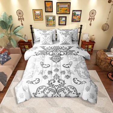 Imagem de Erosebridal Jogo de cama Paisley Queen Size vitoriano, 7 peças, barroco, retrô, estético, branco, bege, cinza, todas as estações, conjunto de edredom com lençol